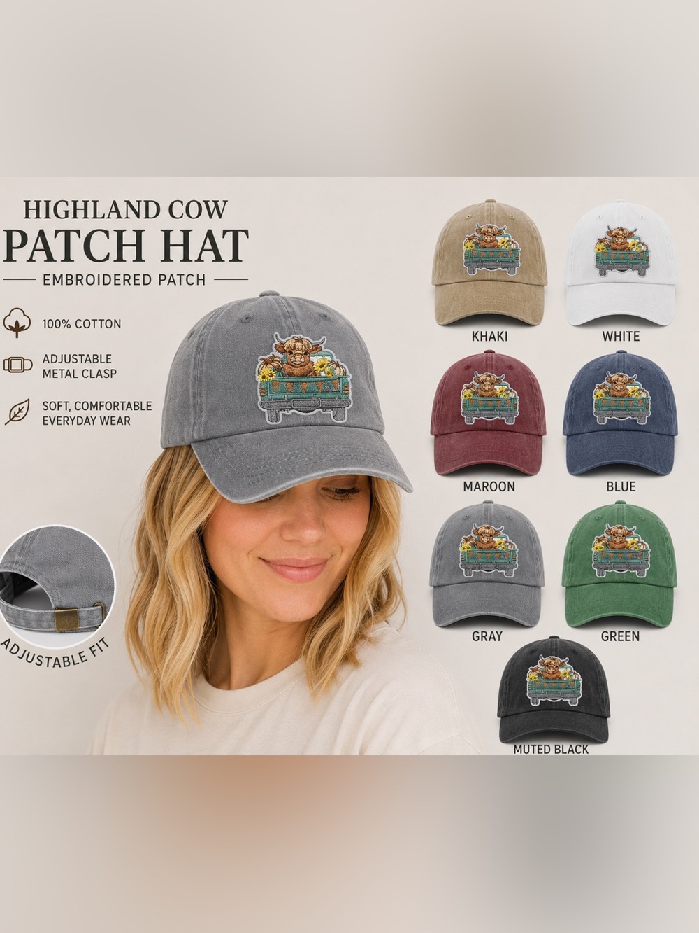 Highland Cow & Sunflowers adjustable hat